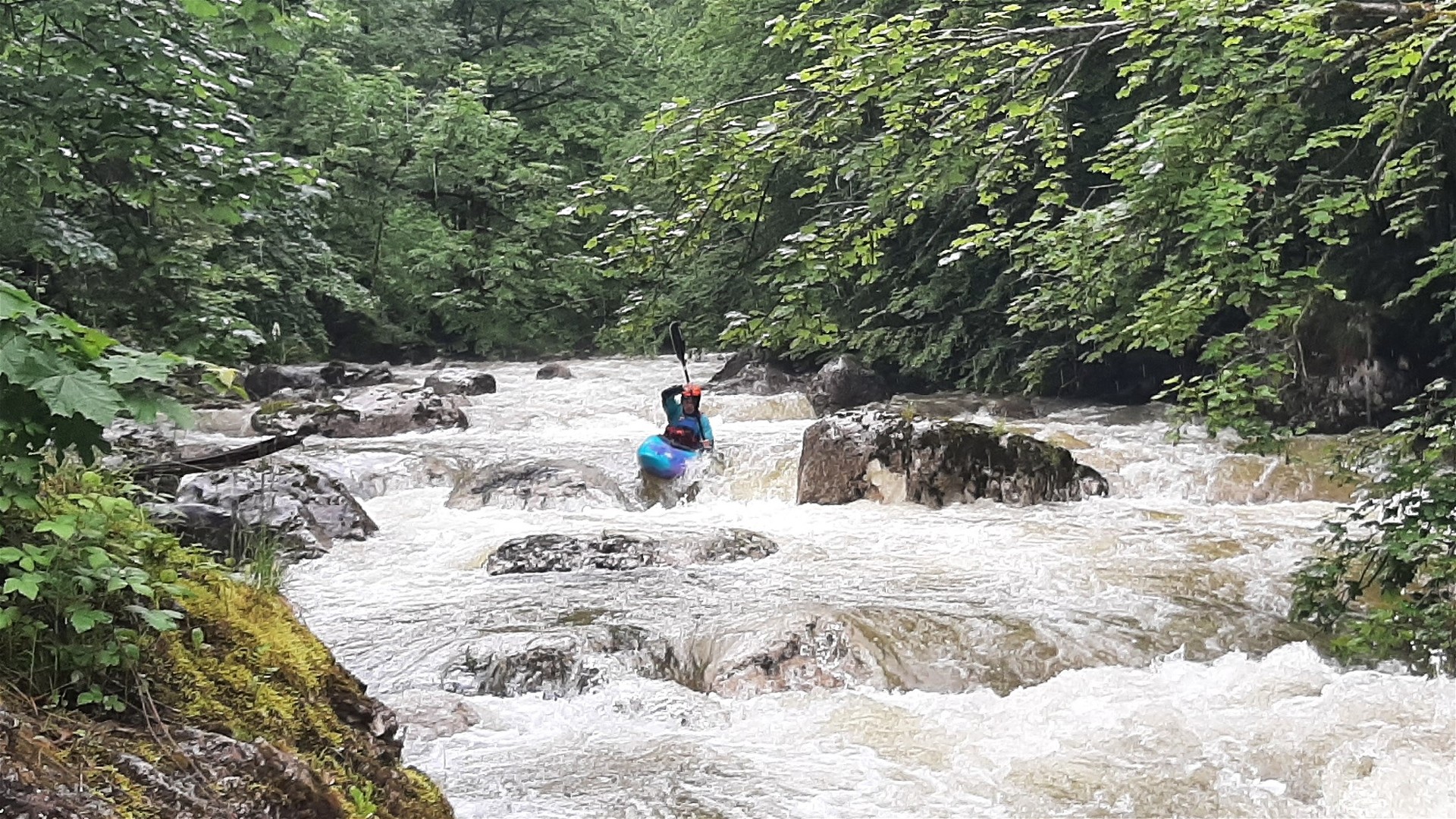 Kajak, Fluss Gosaubach, Abschnitt Ausleitungsstrecke verblockt und Stufen 
