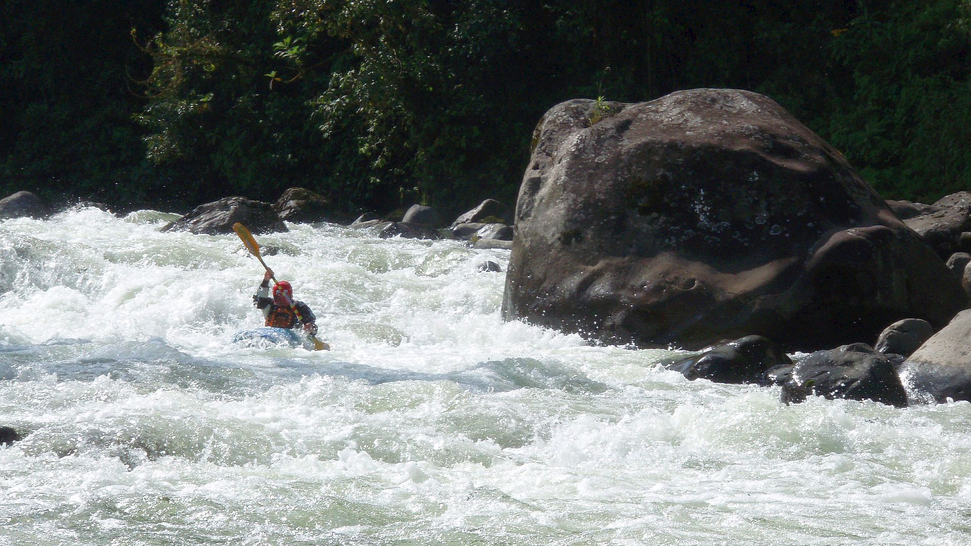 Kajak, Fluss Cosanga, Abschnitt Rio Aliso - Cosanga (Oberlauf) noch eine wuchtige Passage 🛶 Peter F.