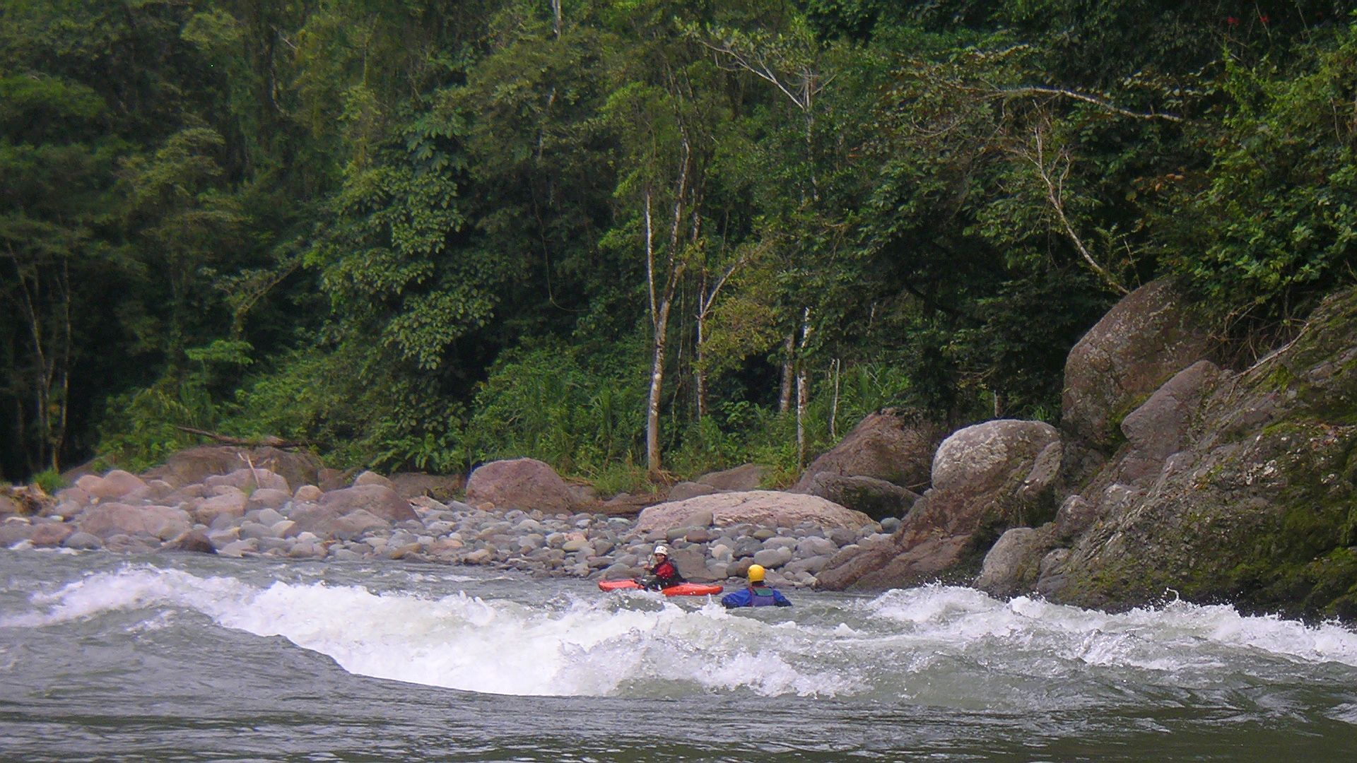 Kajak, Fluss Pacuare, Abschnitt Bajo Pacuare Sur - B. P. Norte (Upper Upper) wieder einfacheres WW in der Waldschlucht 🛶 Aaron, Elizabeth