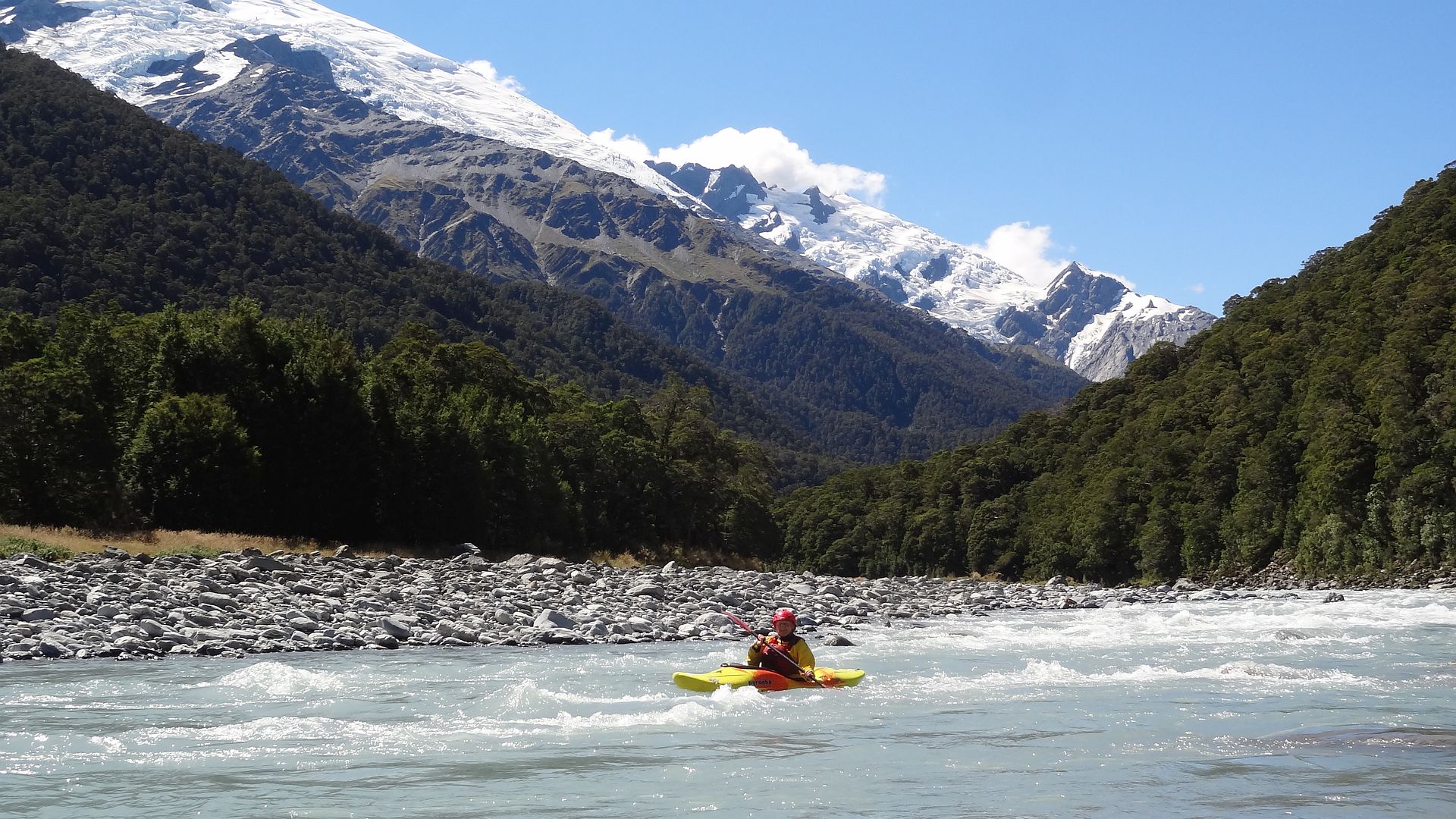 Kajak, Fluss Landsborough River, Abschnitt Kea Flat - Haast River Gletscher im oberen Teil 🛶 Martha R.