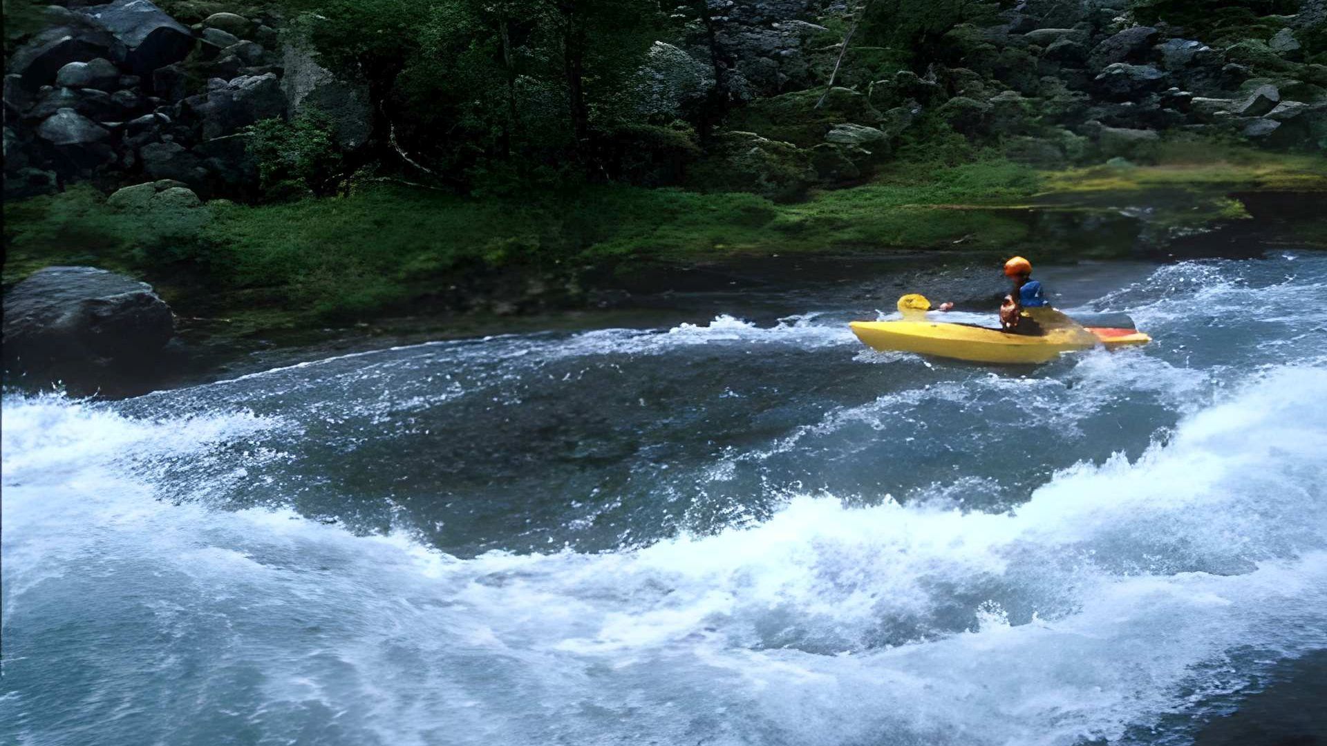 © Matthias B. 9.6.05 Kajak, Fluss Sogndalselvi, Abschnitt Dalavatnet - Notsete (Oberlauf Waldschlucht) schöne flache Rutsche mit heftigem Rücklauf am Ende!